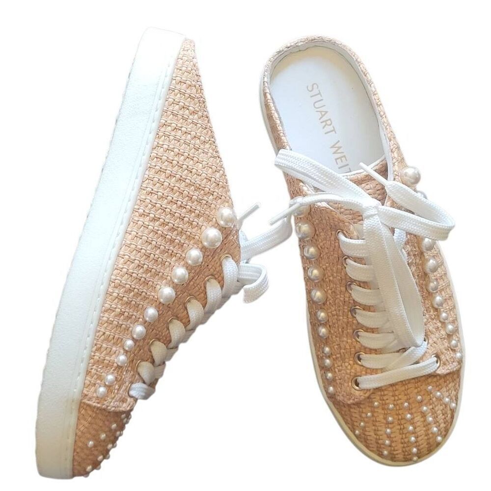Stuart Weitzman Sneakers Women's 8 Goldie Woven Mule Raffia Pearl Embellished